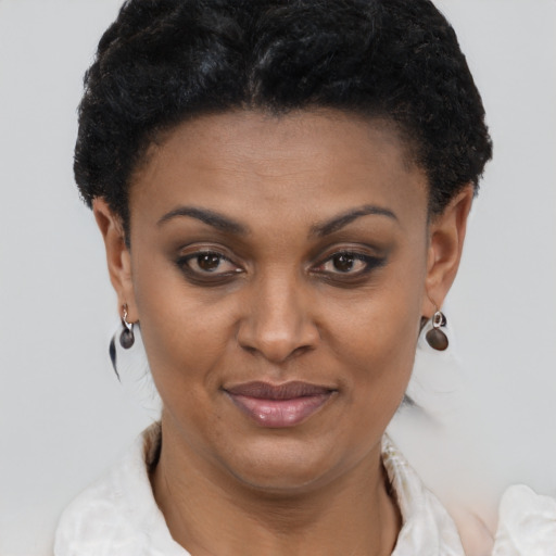 Joyful black young-adult female with short  brown hair and brown eyes