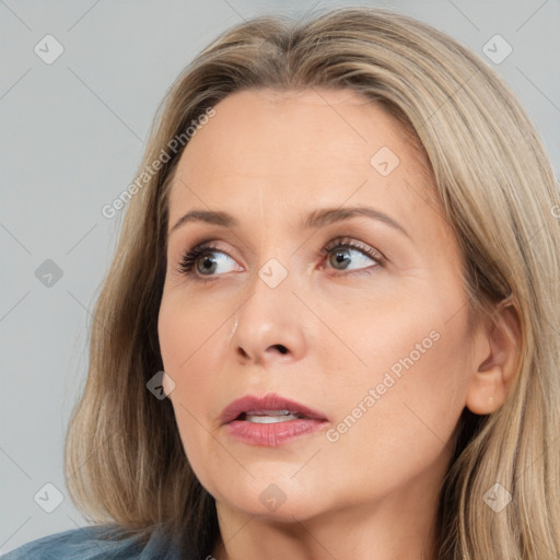 Neutral white young-adult female with long  brown hair and brown eyes