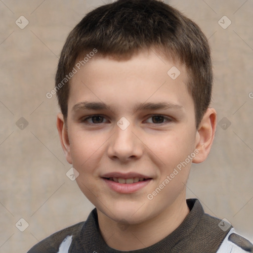 Joyful white child male with short  brown hair and brown eyes