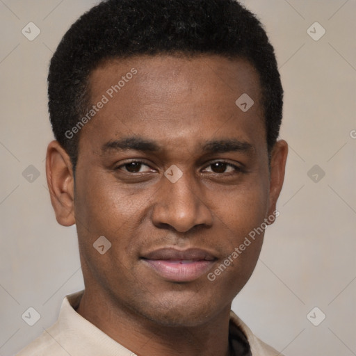 Joyful latino young-adult male with short  brown hair and brown eyes
