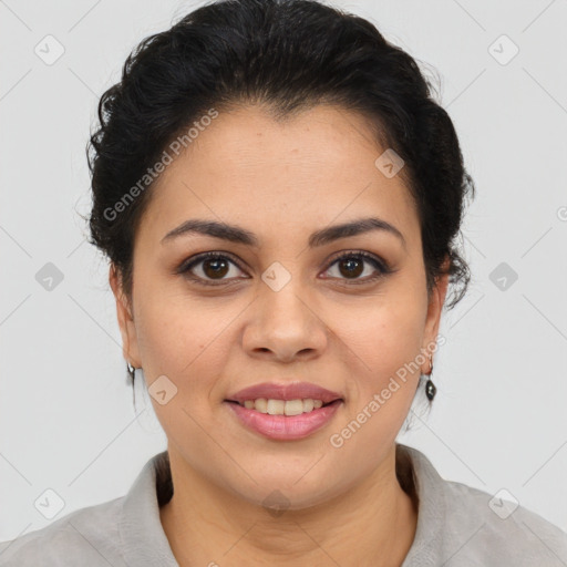 Joyful latino young-adult female with medium  brown hair and brown eyes