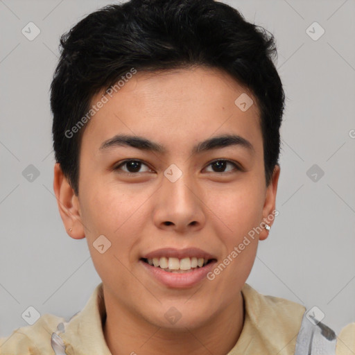 Joyful latino young-adult female with short  brown hair and brown eyes