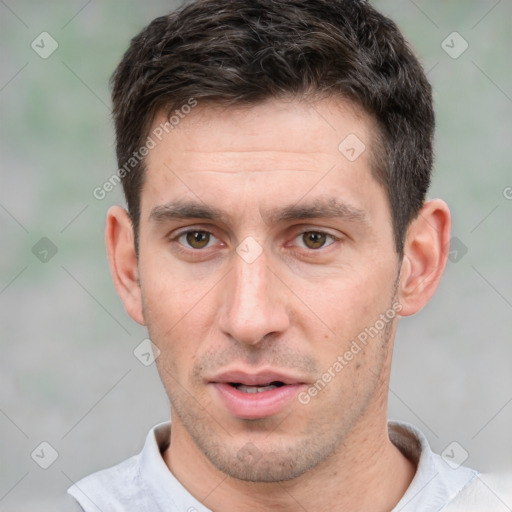 Neutral white young-adult male with short  brown hair and brown eyes