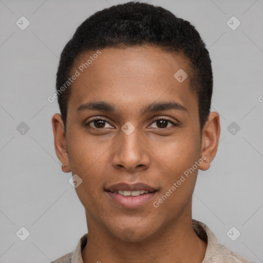 Joyful black young-adult male with short  brown hair and brown eyes