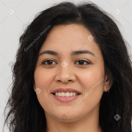 Joyful asian young-adult female with long  brown hair and brown eyes