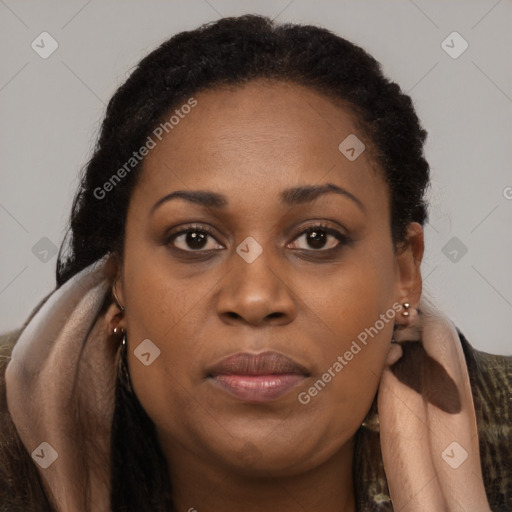 Joyful black young-adult female with long  brown hair and brown eyes