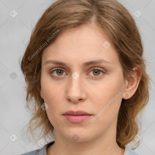 Neutral white young-adult female with medium  brown hair and brown eyes