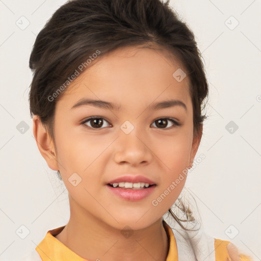 Joyful white child female with medium  brown hair and brown eyes