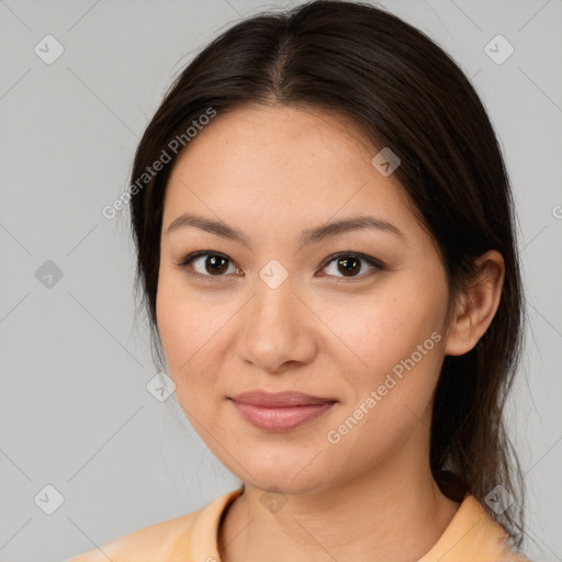 Joyful white young-adult female with medium  brown hair and brown eyes