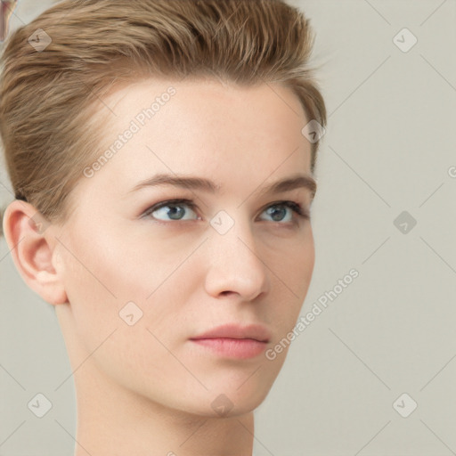 Neutral white young-adult female with short  brown hair and brown eyes