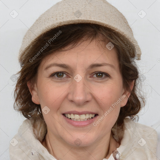 Joyful white adult female with medium  brown hair and grey eyes