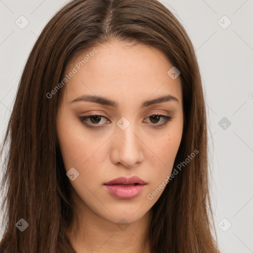 Neutral white young-adult female with long  brown hair and brown eyes