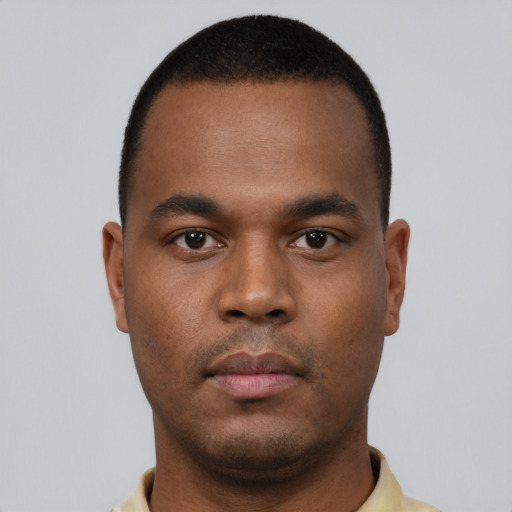 Neutral black young-adult male with short  black hair and brown eyes