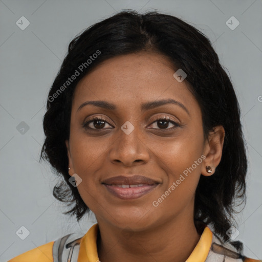 Joyful black young-adult female with medium  black hair and brown eyes