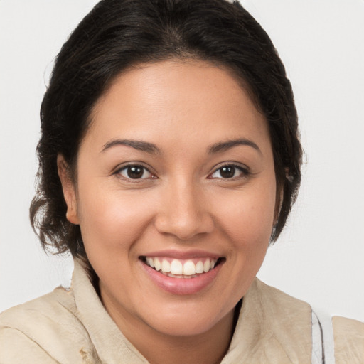 Joyful white young-adult female with long  brown hair and brown eyes