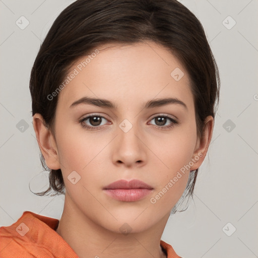 Neutral white young-adult female with medium  brown hair and brown eyes