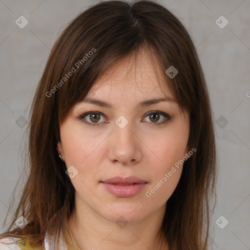 Neutral white young-adult female with medium  brown hair and brown eyes