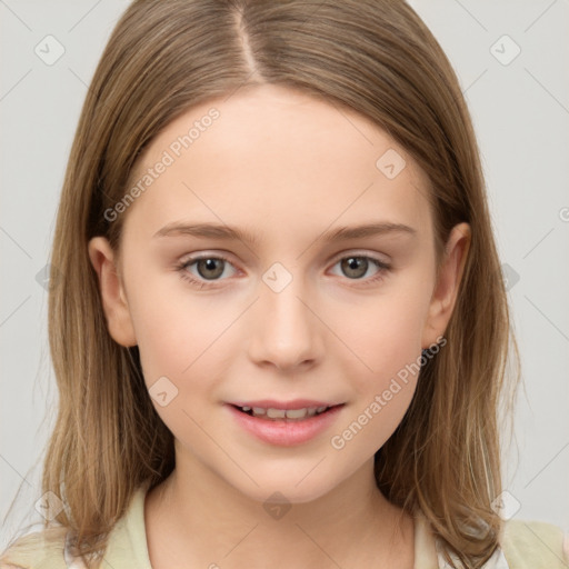 Joyful white child female with medium  brown hair and brown eyes