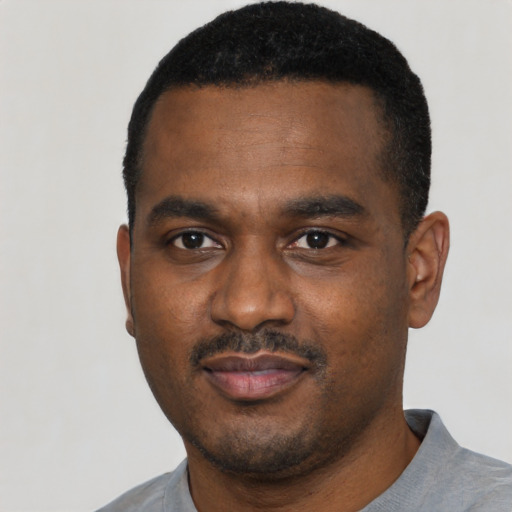 Joyful black young-adult male with short  black hair and brown eyes