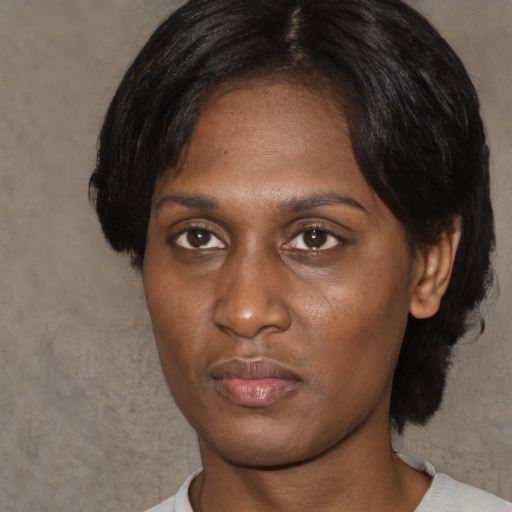 Neutral black young-adult female with medium  black hair and brown eyes