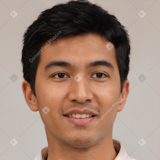 Joyful latino young-adult male with short  black hair and brown eyes