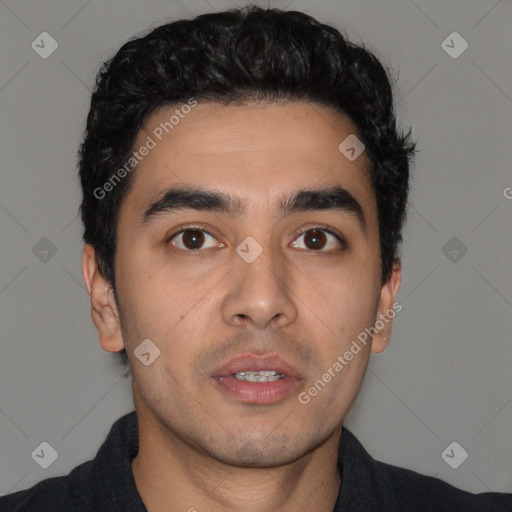 Neutral latino young-adult male with short  black hair and brown eyes