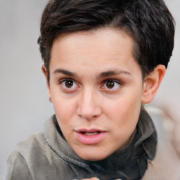 Neutral white young-adult female with short  brown hair and brown eyes