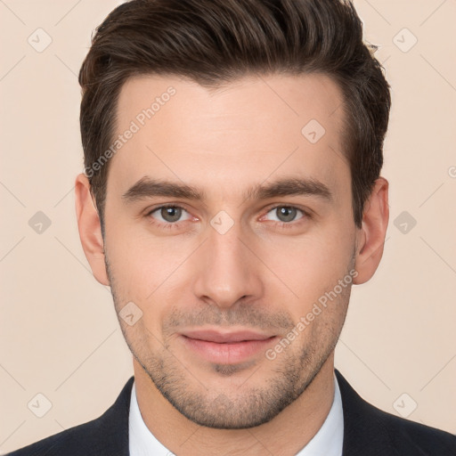 Neutral white young-adult male with short  brown hair and brown eyes