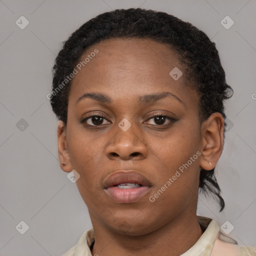 Neutral black young-adult female with short  brown hair and brown eyes