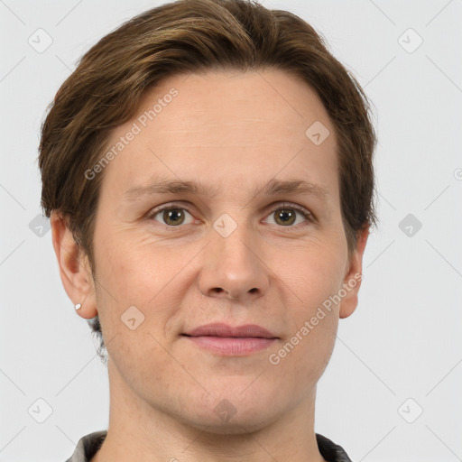 Joyful white adult male with short  brown hair and grey eyes