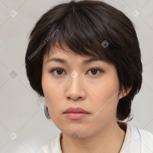 Neutral asian young-adult female with medium  brown hair and brown eyes