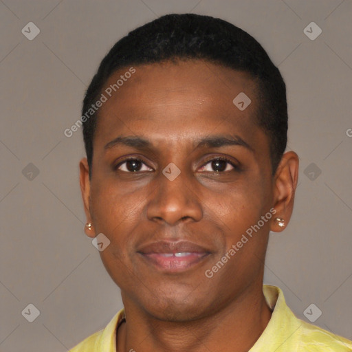 Neutral black young-adult male with short  black hair and brown eyes