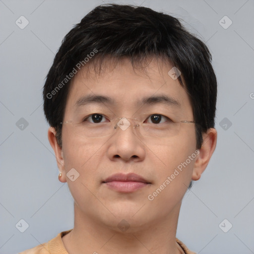 Neutral asian young-adult male with short  brown hair and brown eyes