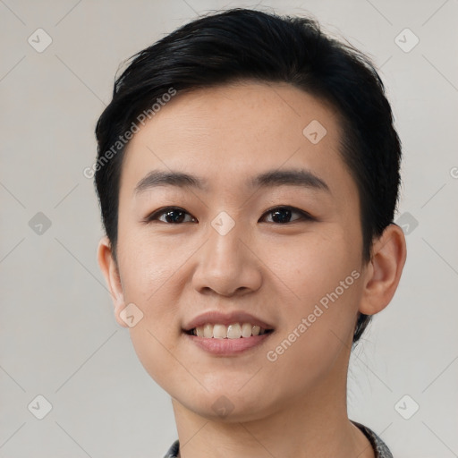 Joyful white young-adult male with short  black hair and brown eyes