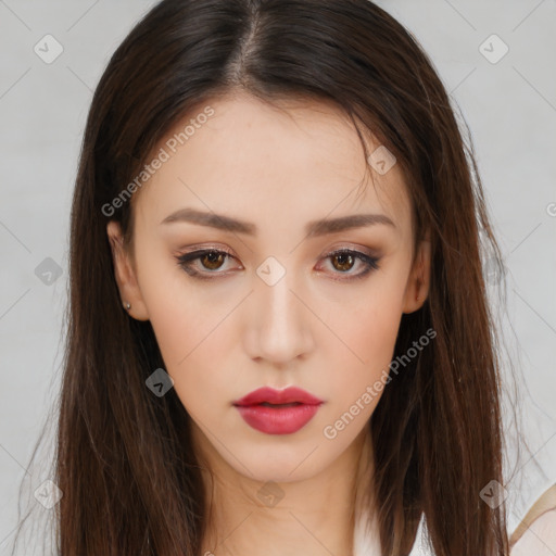 Neutral white young-adult female with long  brown hair and brown eyes