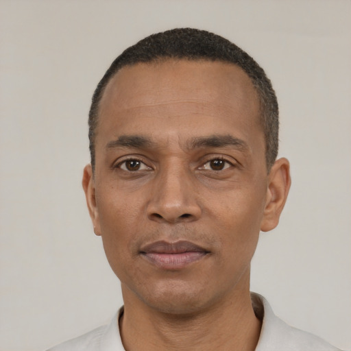 Neutral black adult male with short  black hair and brown eyes