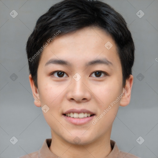 Joyful asian young-adult female with short  brown hair and brown eyes