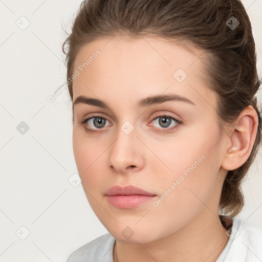 Neutral white young-adult female with medium  brown hair and brown eyes