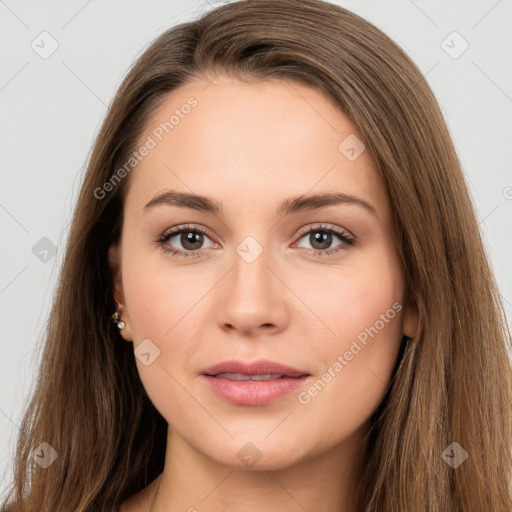 Neutral white young-adult female with long  brown hair and brown eyes