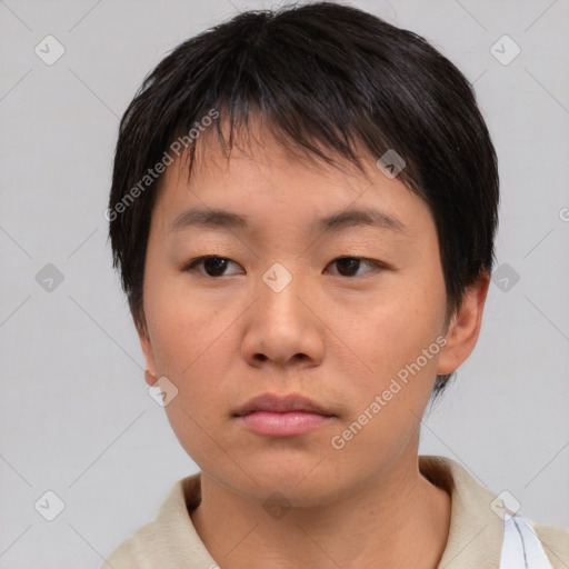 Neutral asian young-adult female with short  brown hair and brown eyes