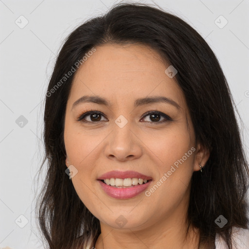 Joyful asian young-adult female with long  brown hair and brown eyes