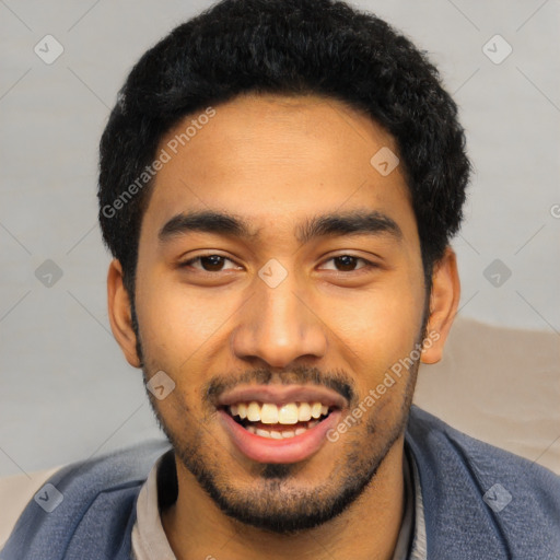 Joyful latino young-adult male with short  black hair and brown eyes