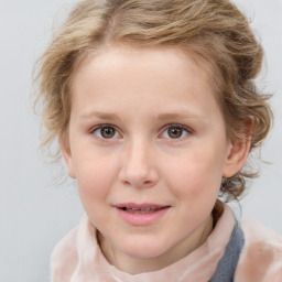 Joyful white child female with medium  brown hair and blue eyes