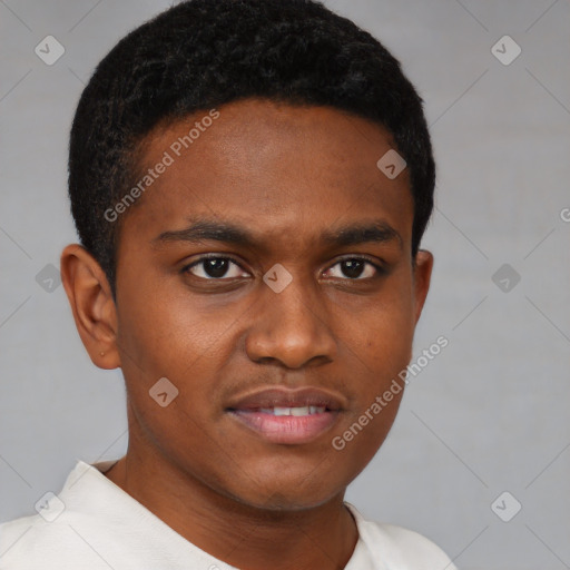 Joyful black young-adult male with short  brown hair and brown eyes