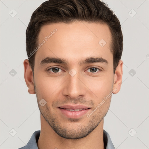 Joyful white young-adult male with short  brown hair and brown eyes