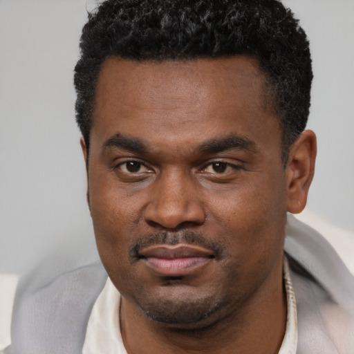 Joyful black young-adult male with short  black hair and brown eyes