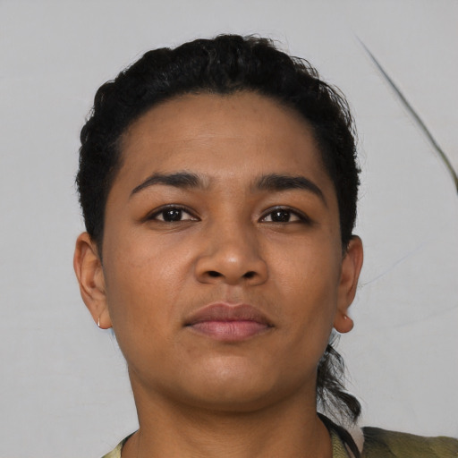 Neutral latino young-adult female with short  black hair and brown eyes