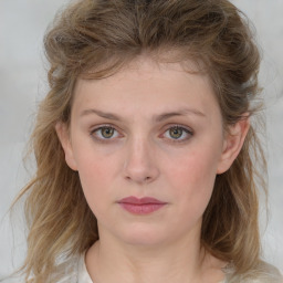 Neutral white young-adult female with medium  brown hair and grey eyes