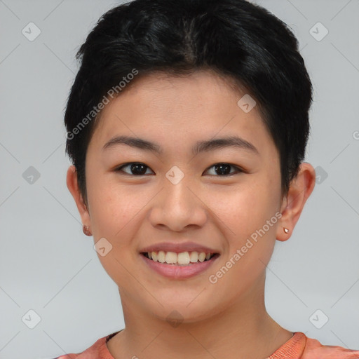 Joyful asian young-adult female with short  brown hair and brown eyes