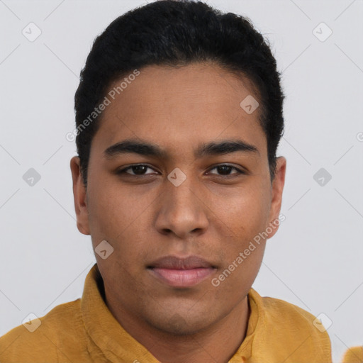 Neutral asian young-adult male with short  brown hair and brown eyes